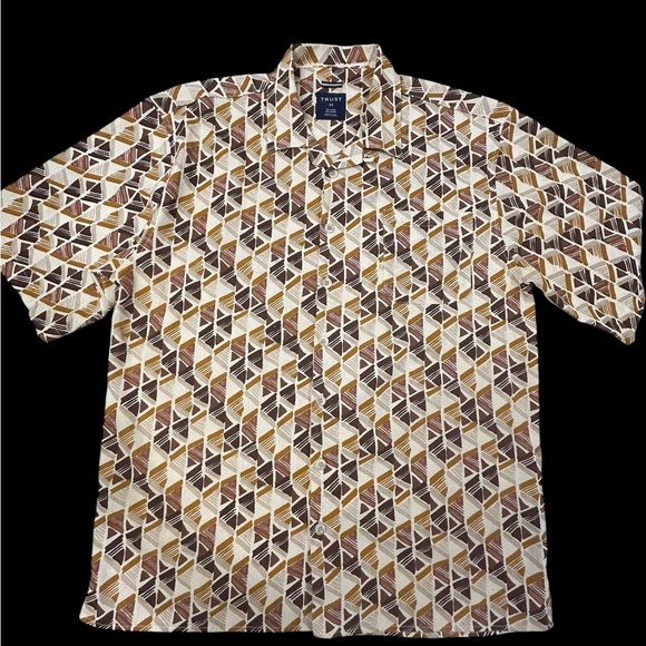 TRUST Linen and Rayon Patterned Shirt in Tan and Brown Like New - Picture 1 of 5